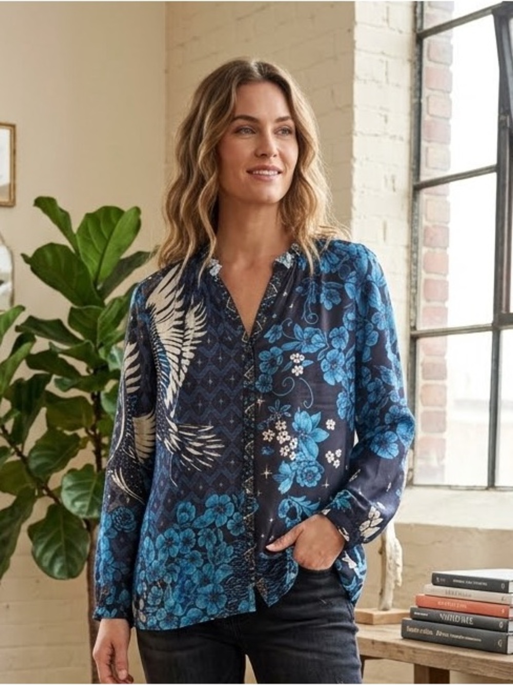 Johnny Was Silk Blouse Top XS Blue Crane Floral Patchwork Boho Celestial